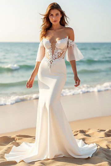 Mermaid Off the Shoulder Court Train Ivory Wedding Dress with Lace Appliques